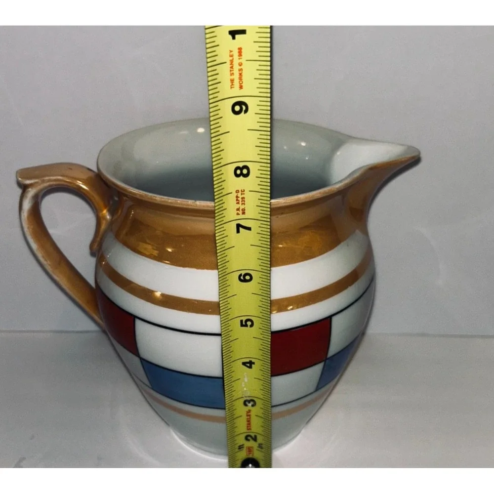Antique Union K Czechoslovakia Art Deco Lusterware Pitcher Checkerboard Red Blue